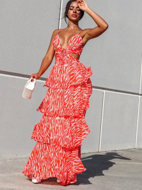 Fashion Nova Dresses & Skirts - Fashion Nova Kenya Maxi Dress Orange Zebra Tiered Ruffle Cut Out Boho Summer XS